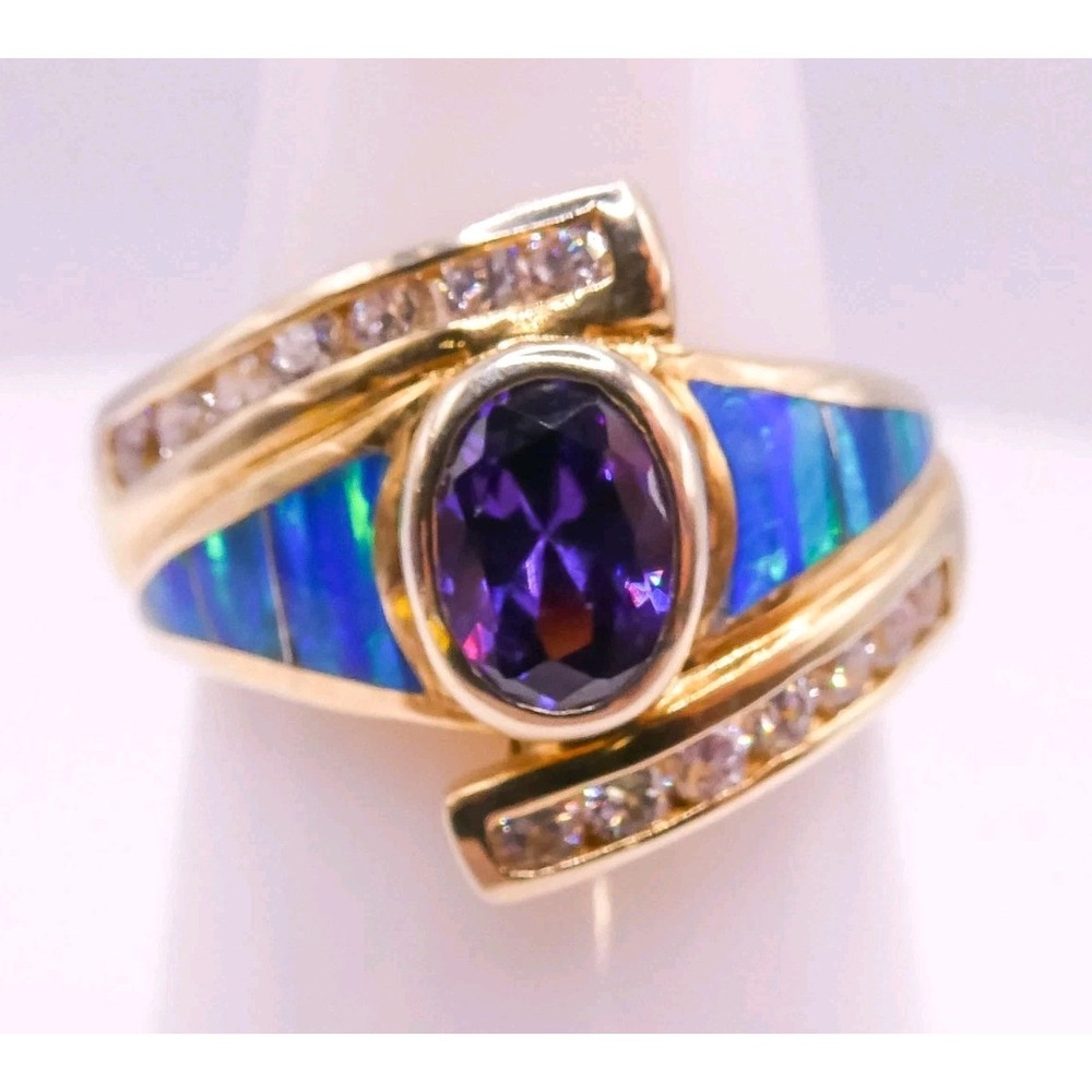 Sterling Silver Lab Blue Opal Purple CZ Gold Vermeil Sz 6 Ring Signed AK VM